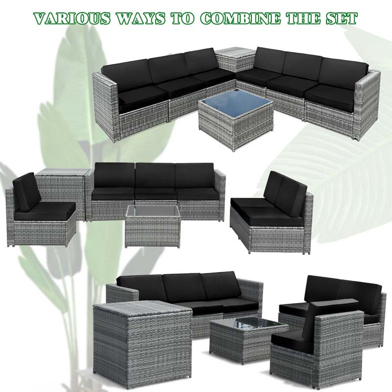 8 Pcs Rattan Patio Sectional Sofa Couch Set Outdoor Wicker Furniture Set with Storage Table & Cushions