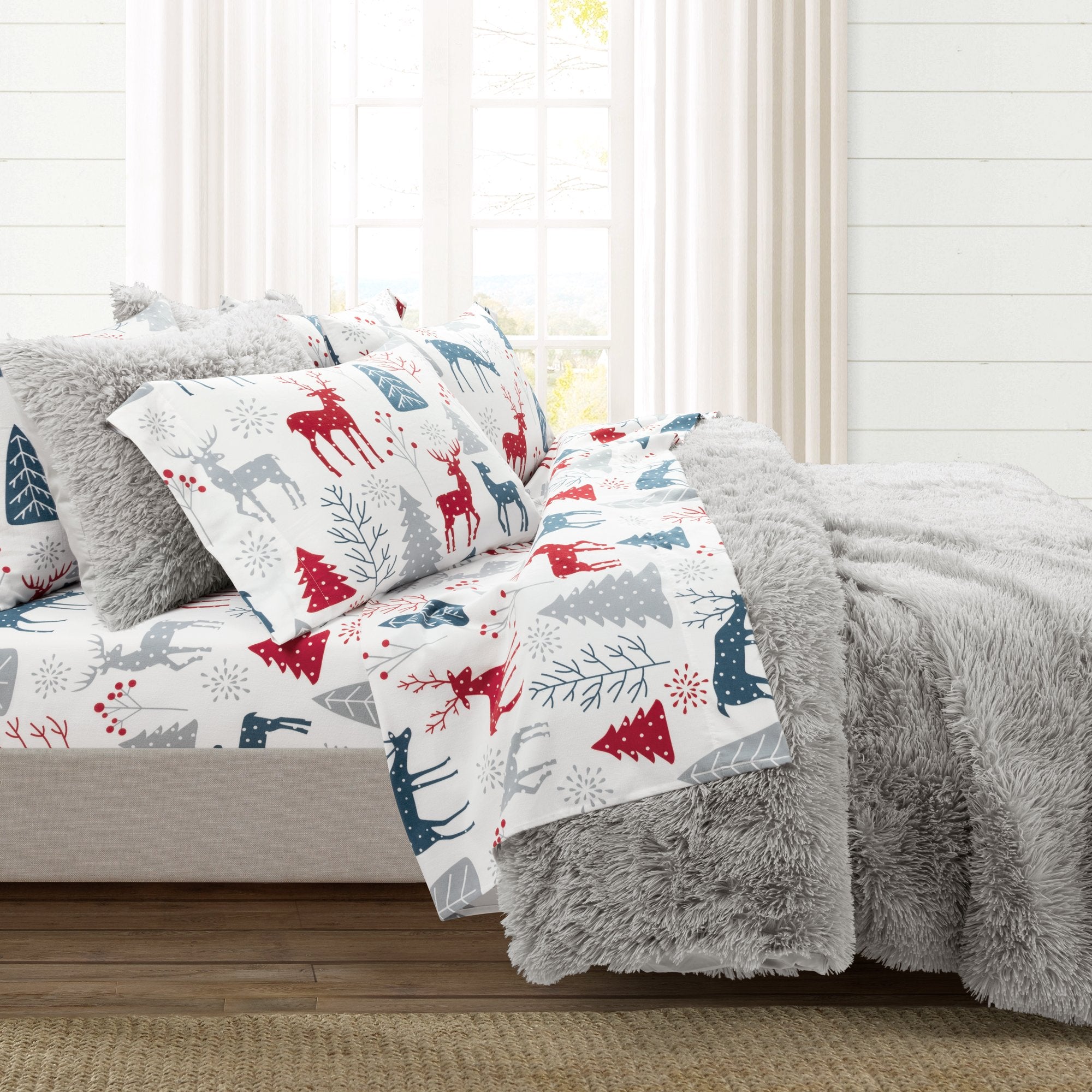 Bedding Bundle: Wonderland Soft Flannel Sheet Set + Emma Faux Fur Comforter Set