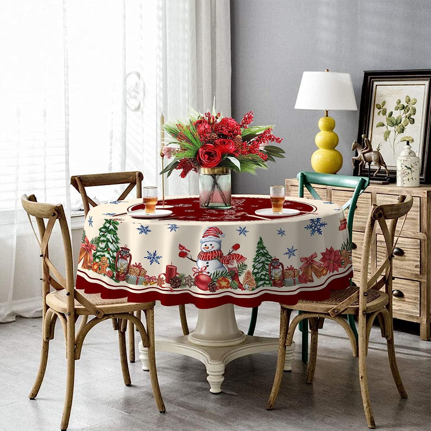 Round Christmas Tablecloth 70 Inch， Snowman Tablecloth， Winter Holiday Kitchen Christmas