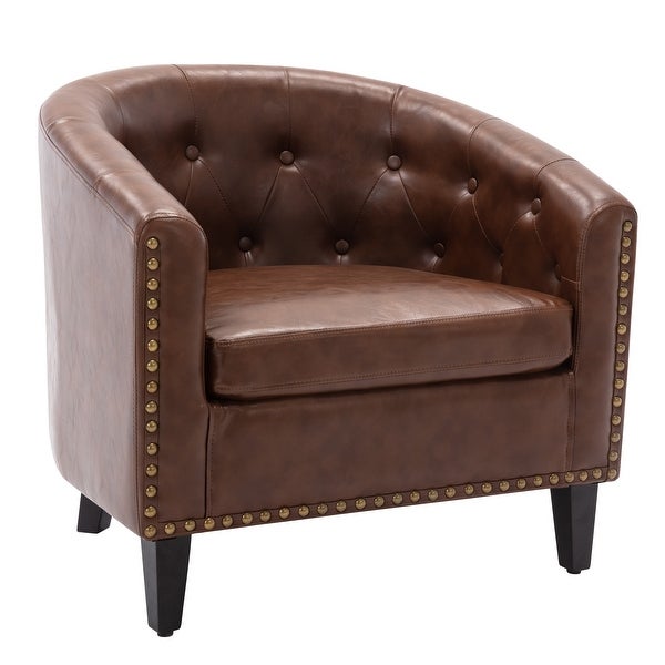 Comfortable Modern Design PU Leather Leisure Barrel Chair with Wood Legs and Nailheads