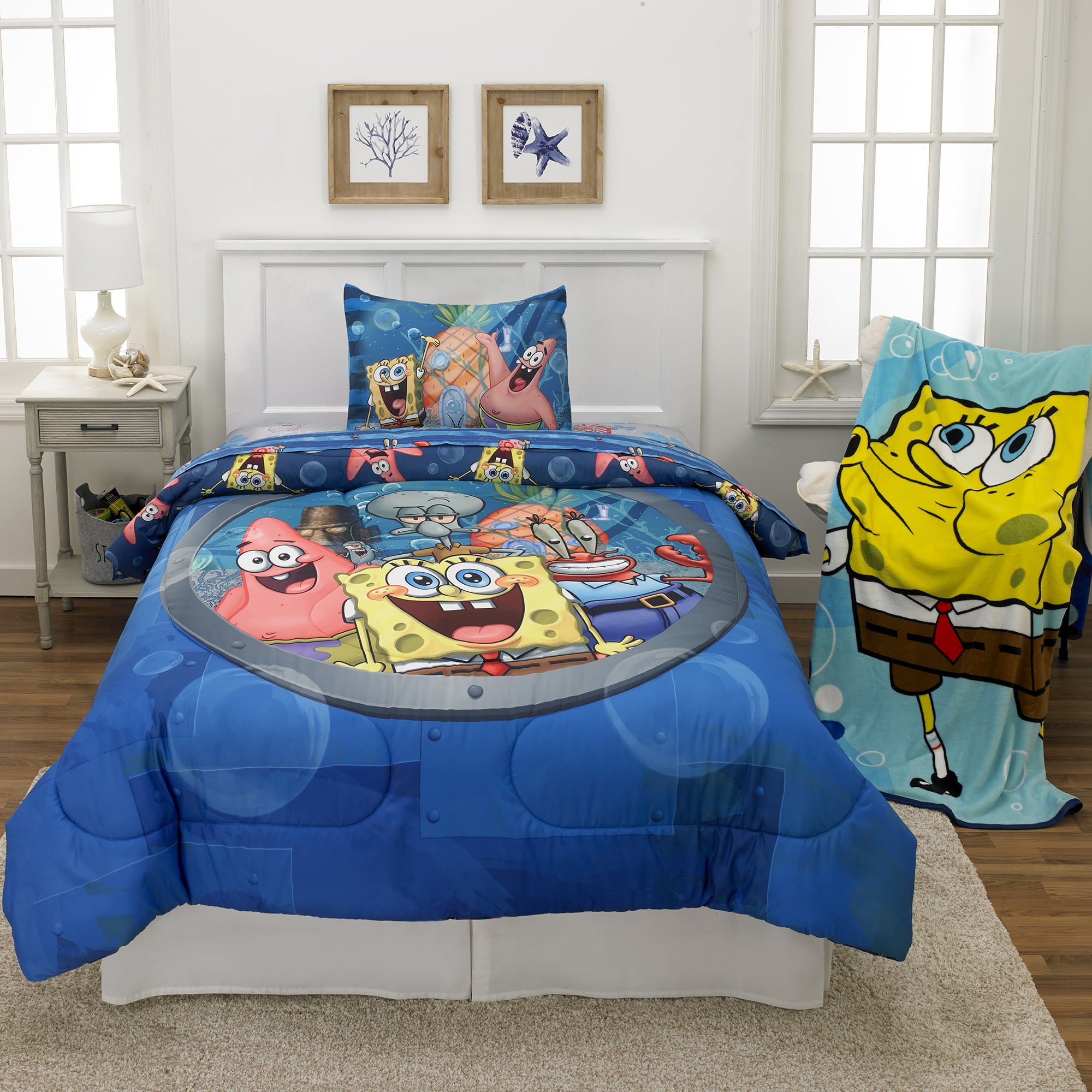 SpongeBob SquarePants Kids Comforter and Sham， 2-Piece Set， Twin/Full， Reversible， Blue