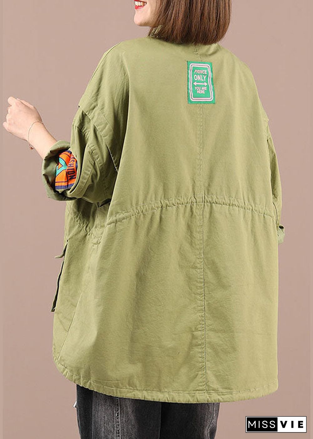 Organic Light Green Loose Zippered Pockets Fall Tie Waist Long sleeve Coat