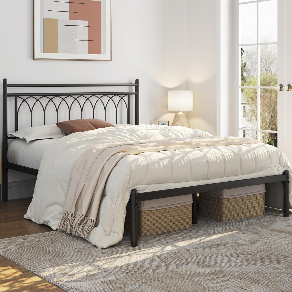 Modern Queen Size Metal Platform Bed Frame with Petal Accented Headboard  Spacious Underbed Storage