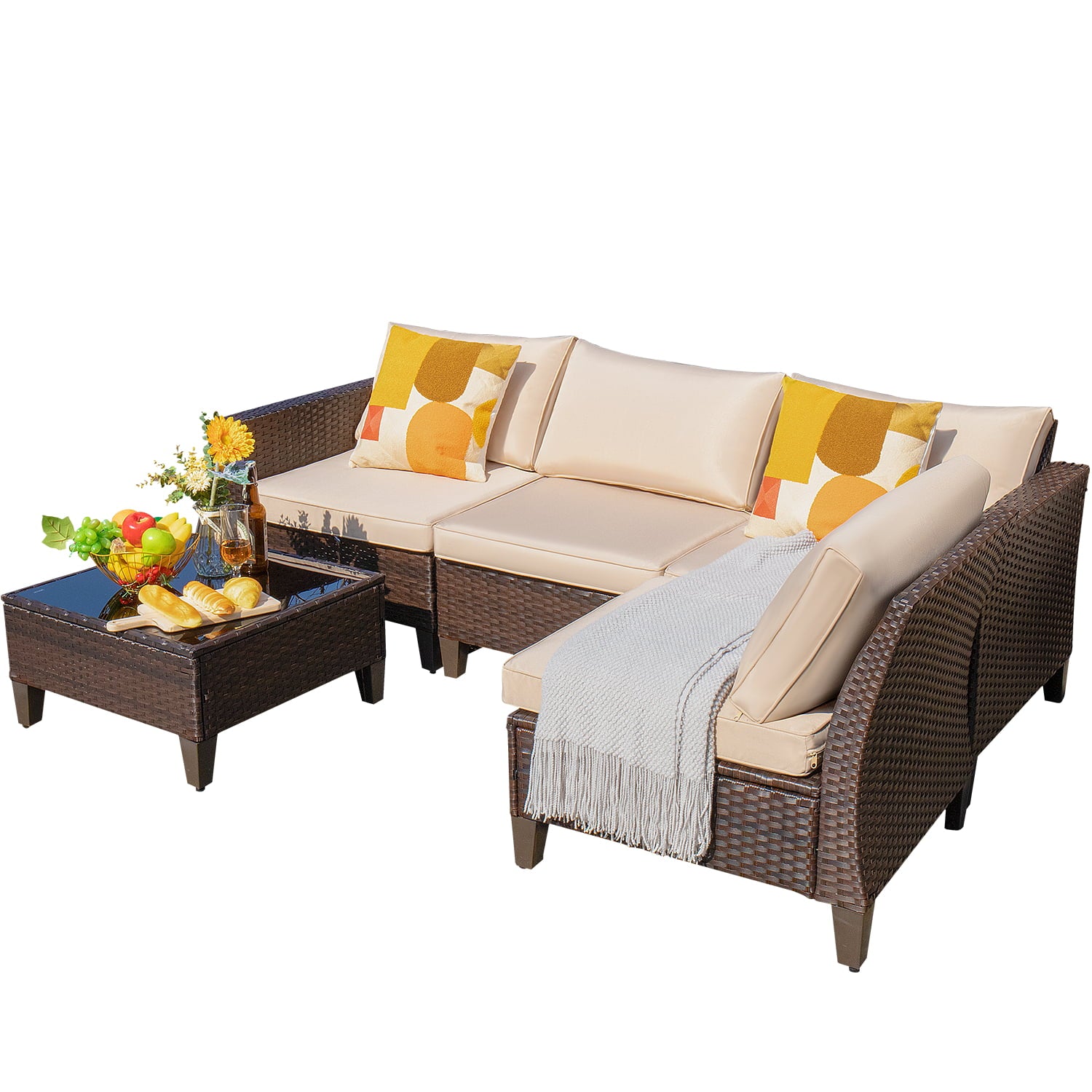 Lacoo 5 Pieces Outdoor Patio Furniture Sofa Set Wicker Rattan Sectional Sofa Sets with Coffee Table, Beige