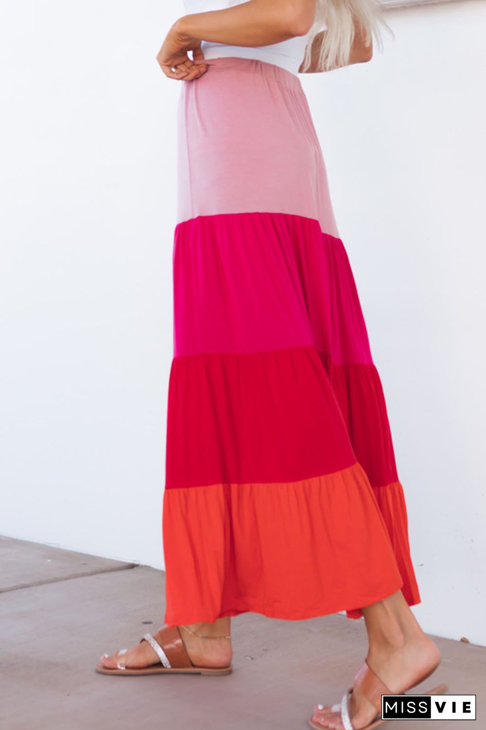 Pink Color Block Tiered Drawstring High Waist Maxi Skirt