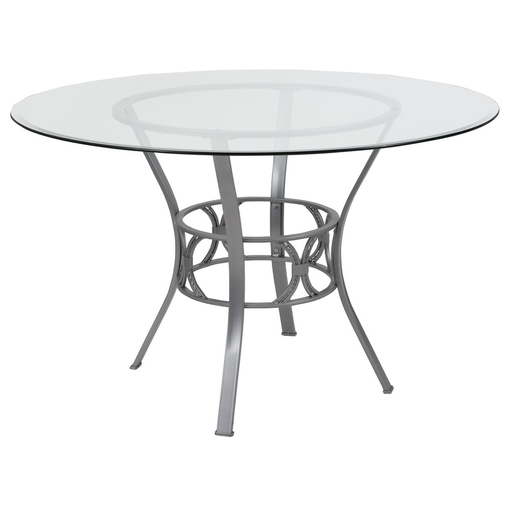 48'' Round Glass Dining Table with Crescent Style Metal Frame   48\