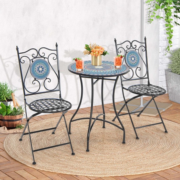 Costway 3pcs Patio Bistro Set Mosaic Pattern Heavy duty Metal Dining Folding Outdoor