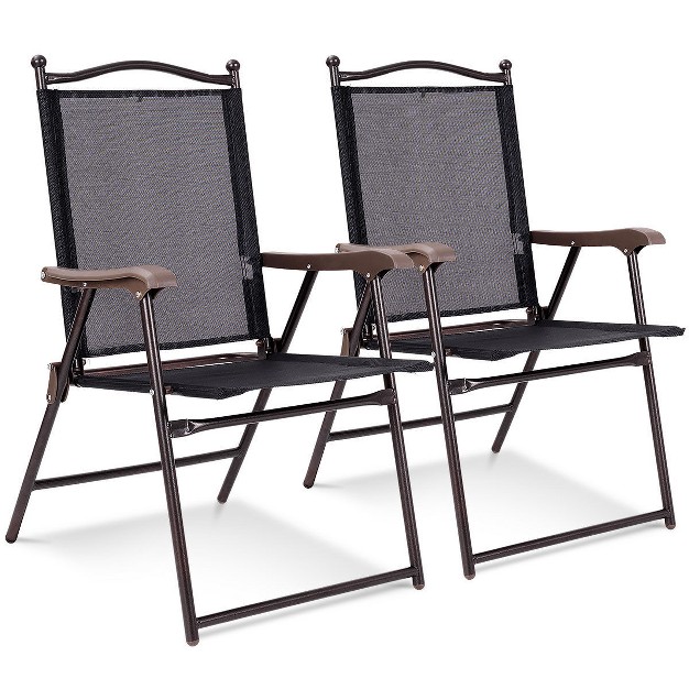 Costway Set Of 2 Patio Folding Sling Back Chairs Camping Deck Garden Beach Black