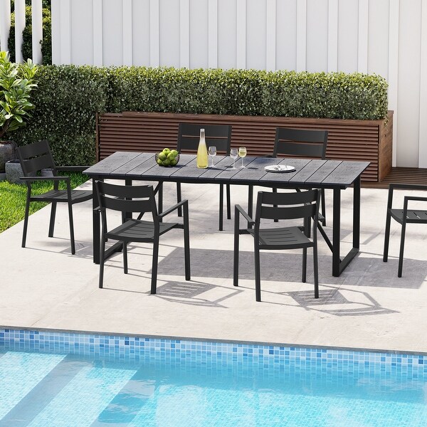 Outdoor Patio Dining Table Aluminum Slatted Top with Umbrella Hole，without Chairs