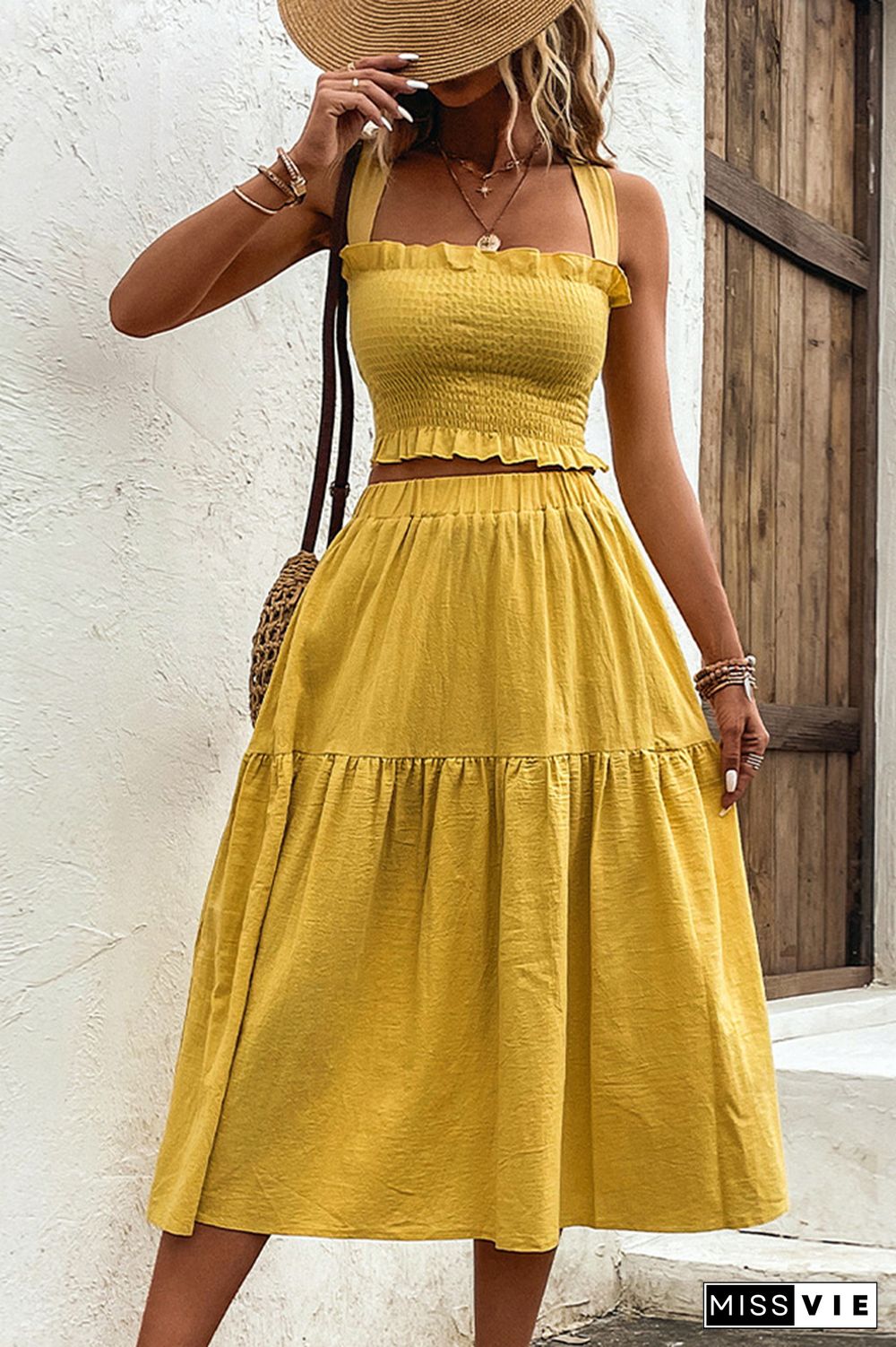 Yellow Crisscross Straps Top and Skirt 2PCS Set