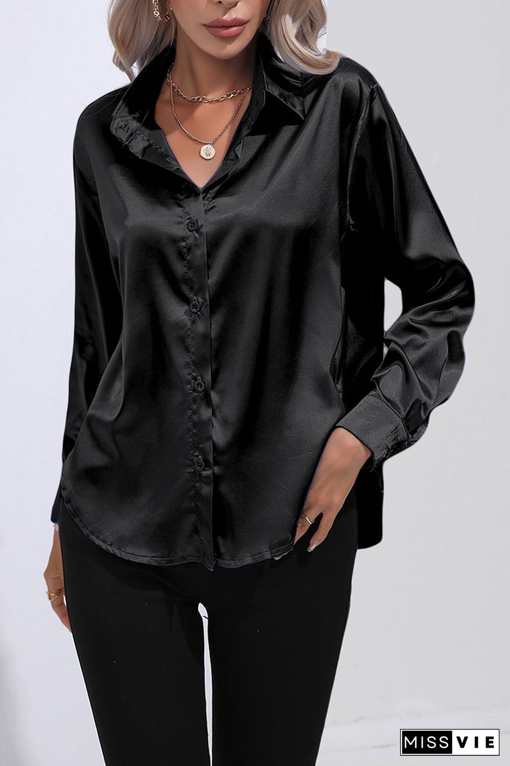 Plain Silky Open Button Long Sleeves Blouse Shirt