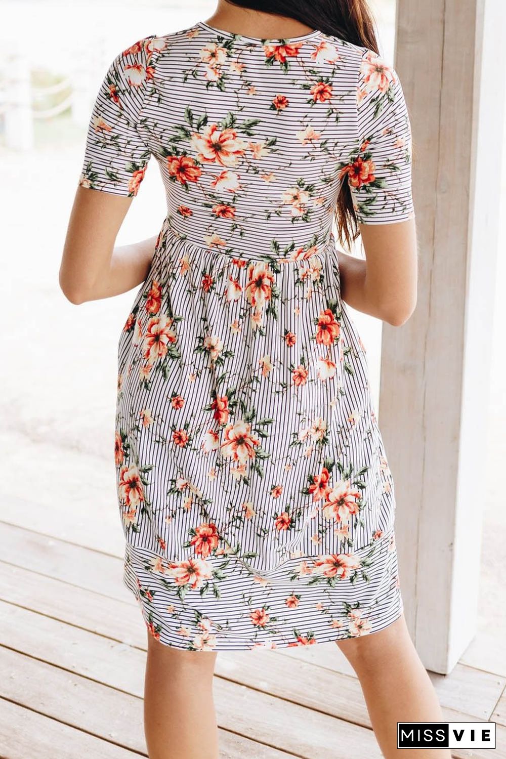 Striped Flower Short Sleeve Flowy Midi Dress