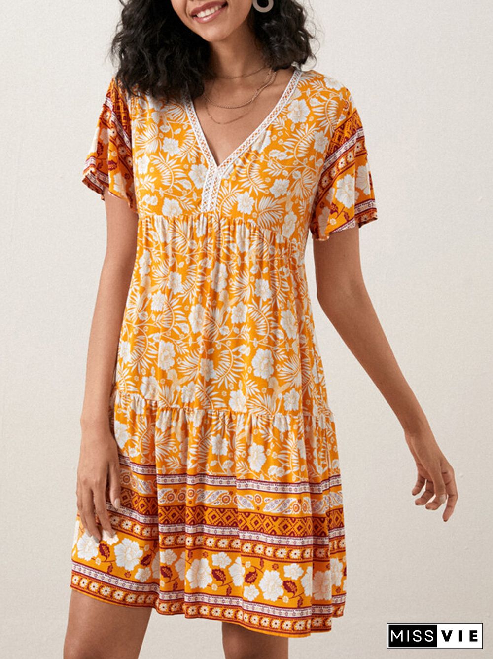 Floral Print High Waist V-neck Short Sleeve Bohemian Dress