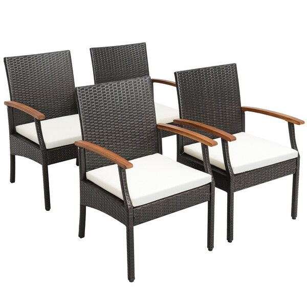 Gymax 5PCS Wicker Dining Set Cushion Acacia Wood Armchairs Table w/