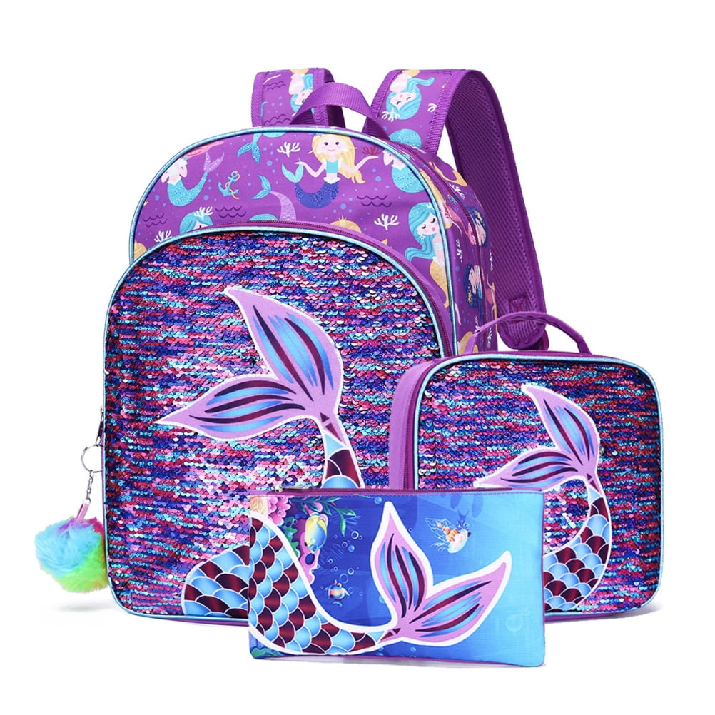 3 in 1 Kid Bookbags Set Girls Mermaid Sequins Backpack with Lunch Bag Pencil Case for School Outdoor Travel Camping Picnic