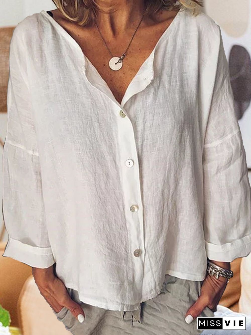 Long Sleeve Solid Shirts Plus Size Blouses Linen