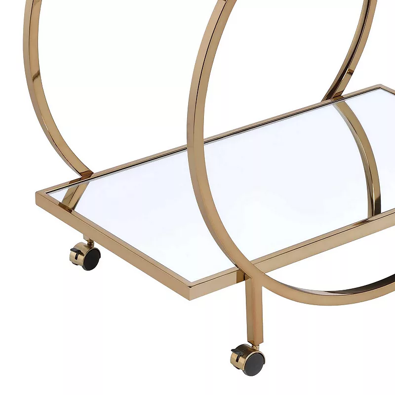 Metal Serving Cart with Mirrored Open Shelf and Tubular Angled Handles， Gold and Clear