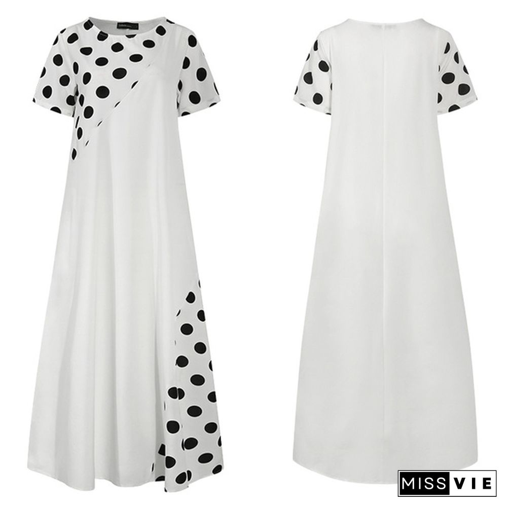 Summer Women Polka Dot Maxi Dress Robe Short Sleeve Round Neck Patchwork Party Casual Loose Long Dress Plus Size Tunic