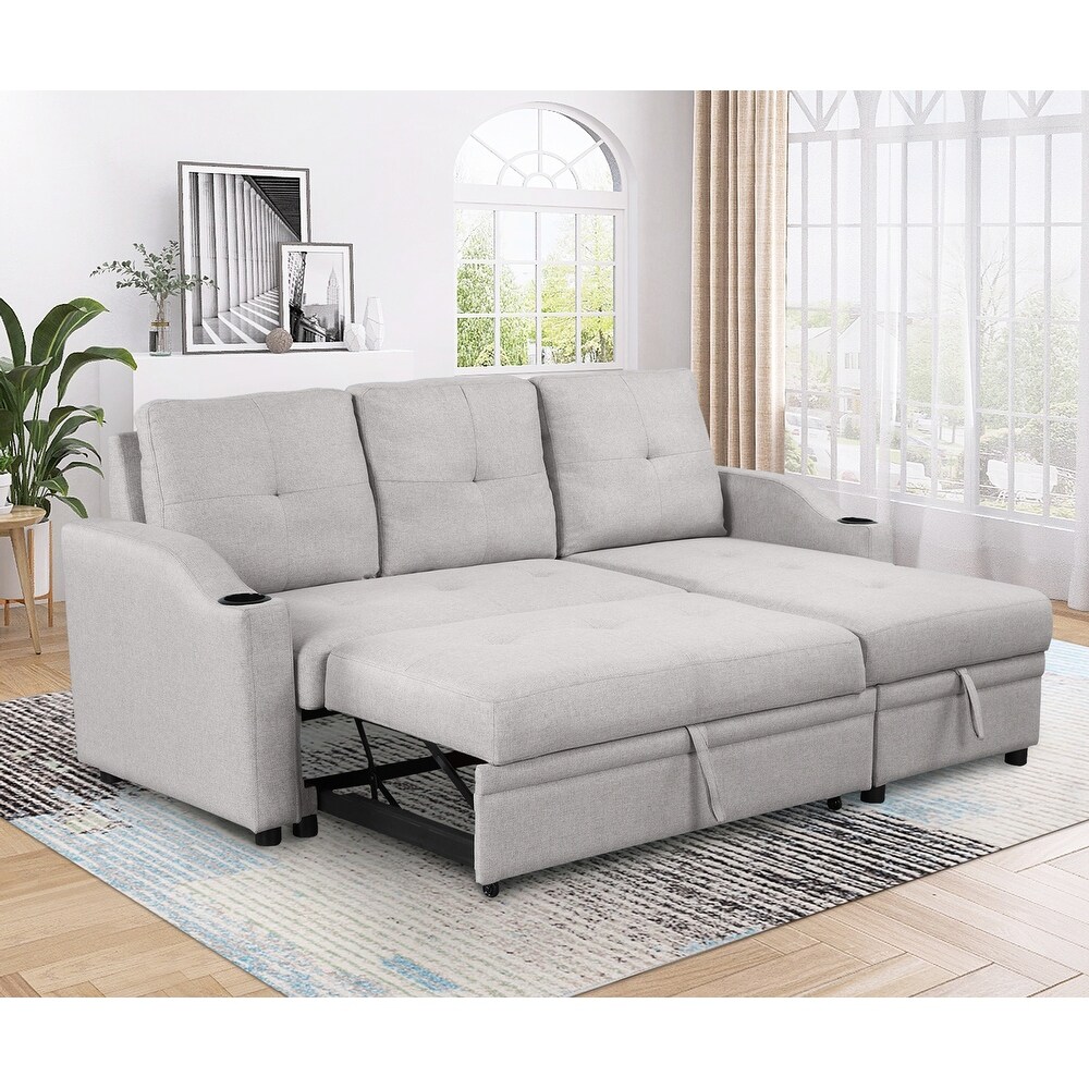 Linen Fabric 3 Seater Couch with Pull Out Sofa Bed  Storage Chaise