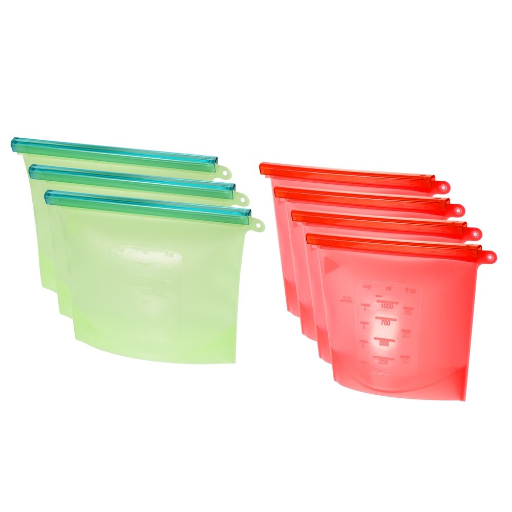 Reusable Food Fresh Bag Silicon Bag Storage Bag Fridge Zip Pouch Green+Red 7Pcs   Green+Red