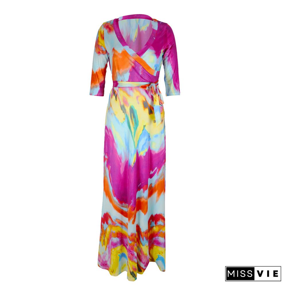 Elegant Abstract Printed Women Three Quarter Sleeve V Neck Bandage Summer Vacation Maxi Dress