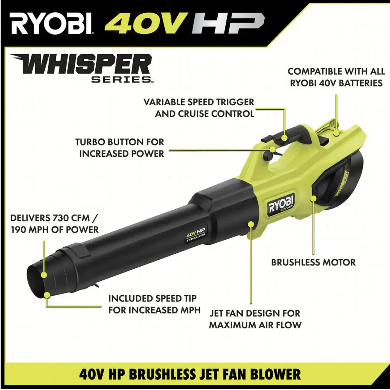 Ryobi 40V HP Brushless Whisper Series 190 MPH 730 CFM Cordless Battery Jet Fan Leaf Blower with (2) 4.0 Ah Batteries and Charger