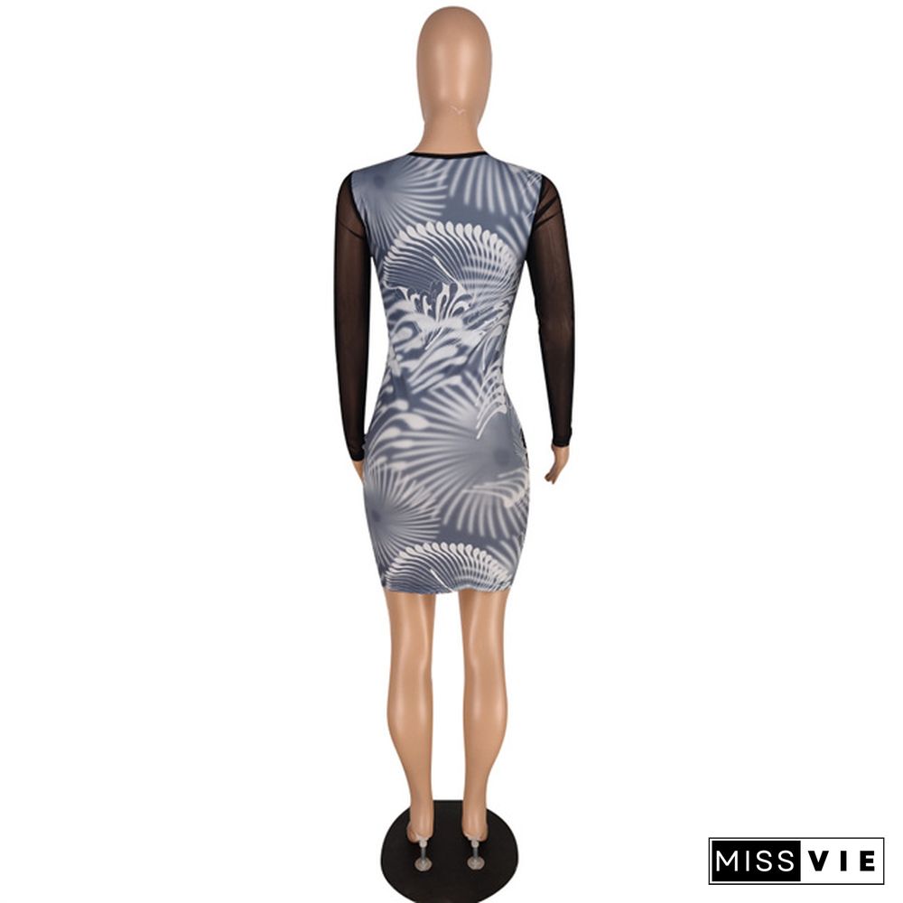 Fashion Printed Sheer Mesh Patchwork Long Sleeve Women Party Night Club Wear Bodycon Mini Dresses