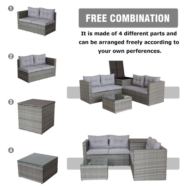 Grey 4Piece PE Rattan Wicker Sectional Sofa Set with Storage