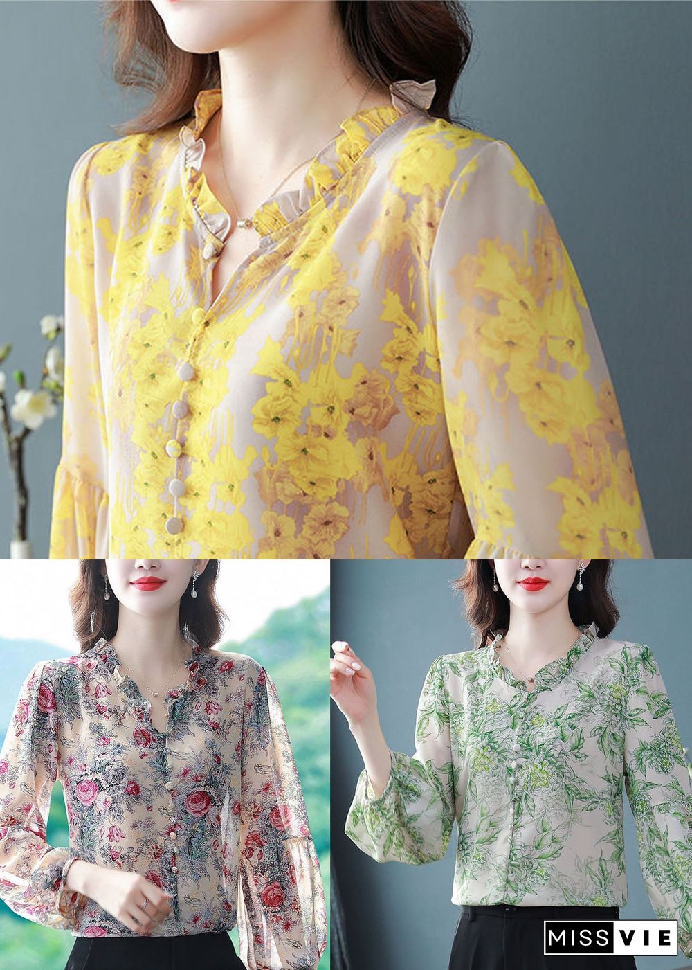 Bohemian Purple Ruffled Print Chiffon Shirts Spring