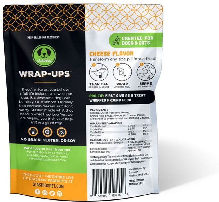 Stashios Wrap-Ups Cheese Pill Wrapper Dog and Cat Treat， 30 count