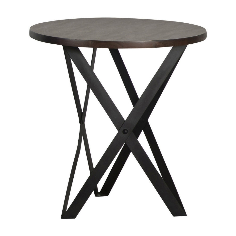 24 Inch Side End Table， Round Acacia Wood Top， Crossed Metal Legs， Grey - 23L x 23W x 24H， in inches