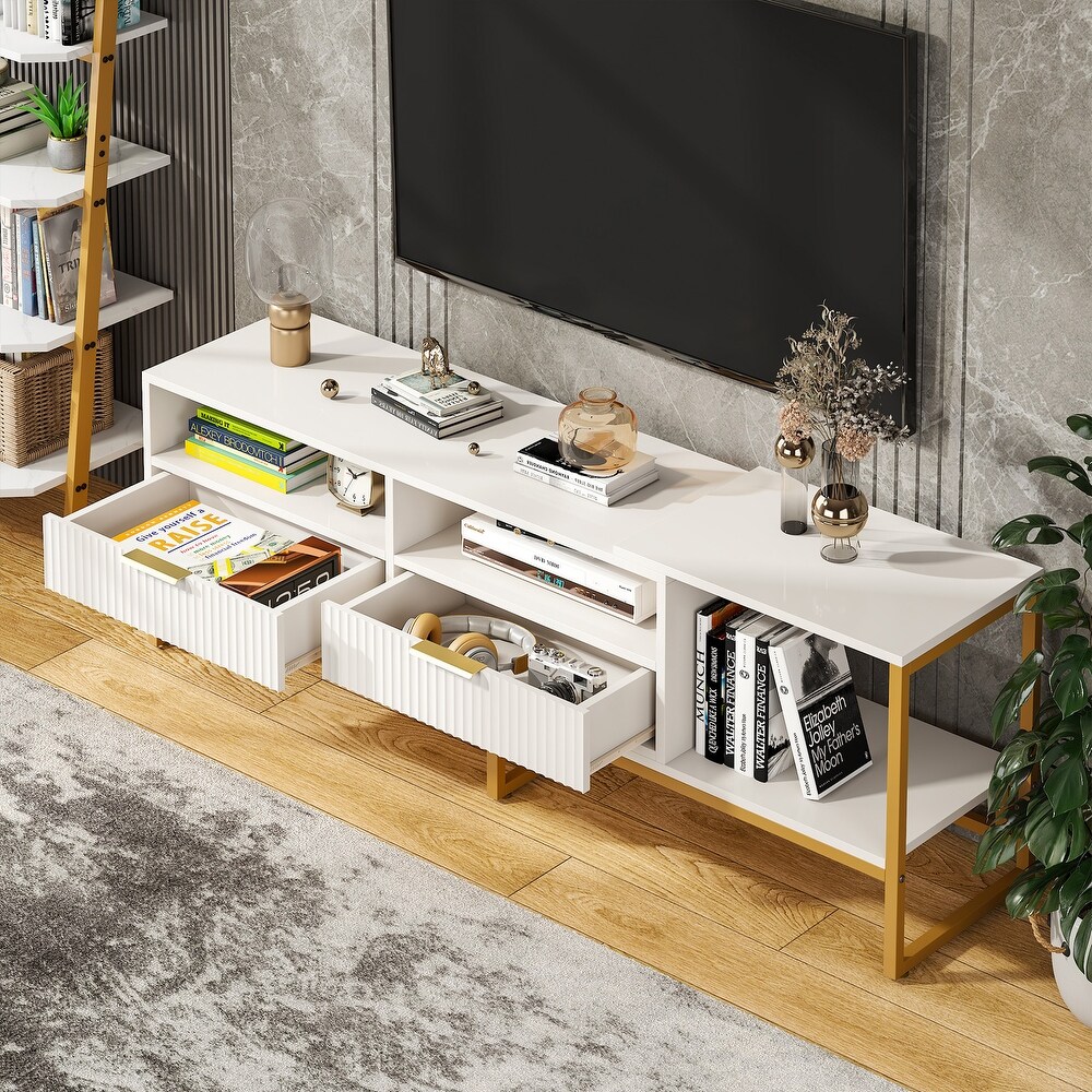 63 Inches TV Stand with 2 Drawers and Open Shelves