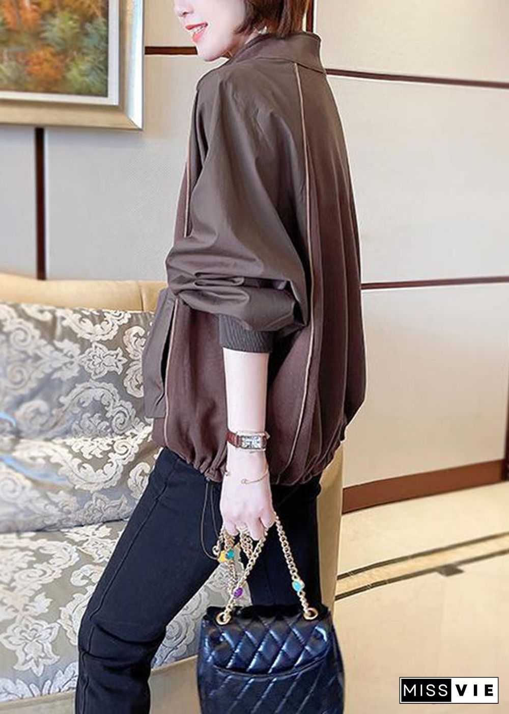 Women Chocolate Stand Collar Patchwork Zippered Sweatshirts Long Sleeve