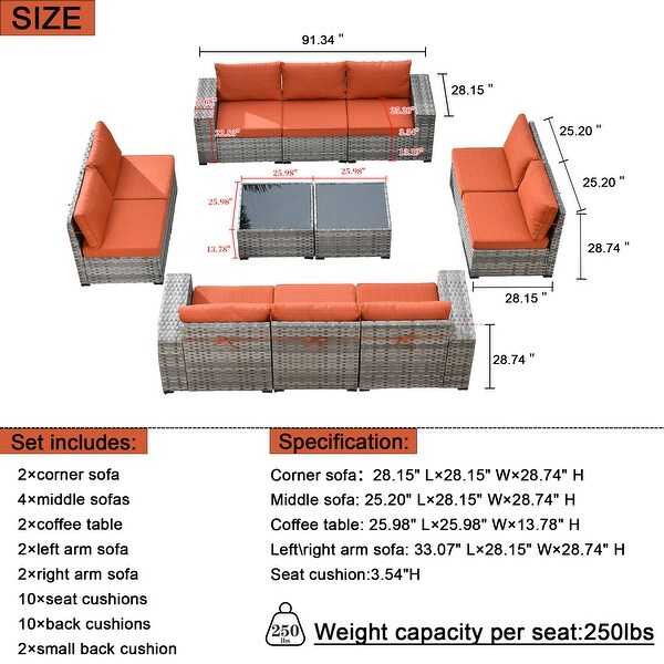 HOOOWOOO 12Piece Outdoor Patio Furniture Modular Wide Armrest Sectional Sofa Set