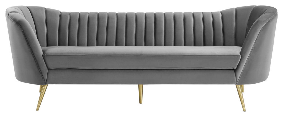 Opportunity Vertical Channel Tufted Curved Performance Velvet Sofa   Midcentury   Sofas   by Morning Design Group  Inc  Houzz