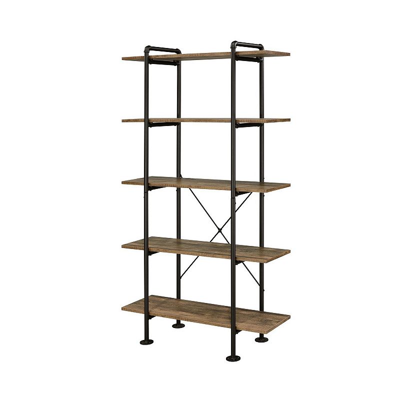 Bookcase with Metal Pipe Design and 5 Tier Shelves， Brown