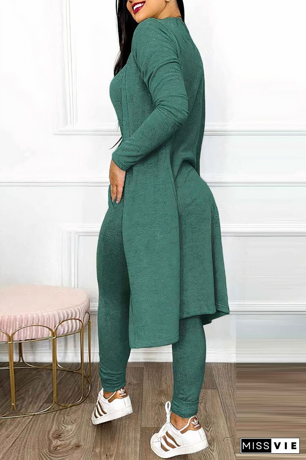 Solid Drawstring Waist Slant Pocket Jumpsuit & Coat Set