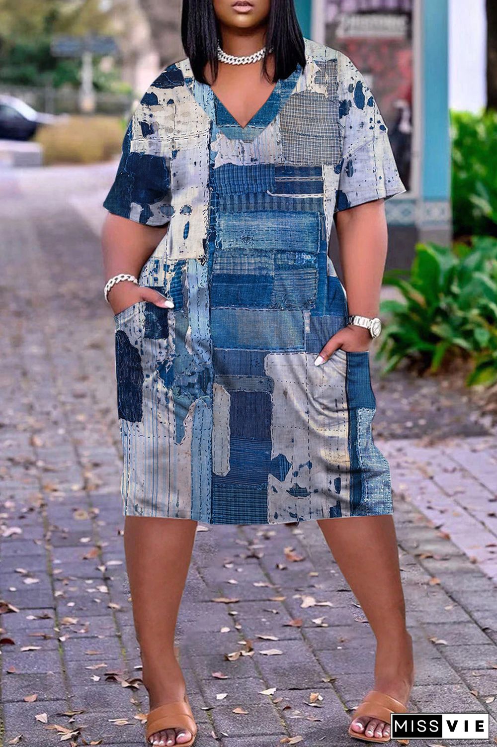 Tibetan Blue Casual Print Patchwork Pocket V Neck Short Sleeve Dress