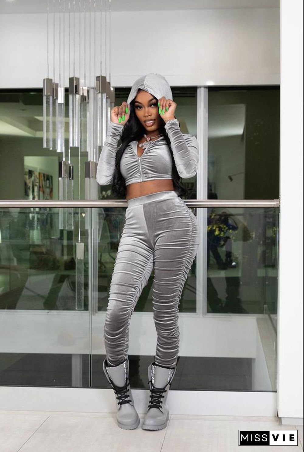 Velvet Zipper Hooded Jacket Crop Top Pants Set