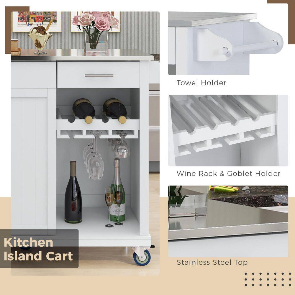 tunuo White Rolling Kitchen Island Cart with Stainless Steel Top and Wheels (51 in. W) SFWF-295114W