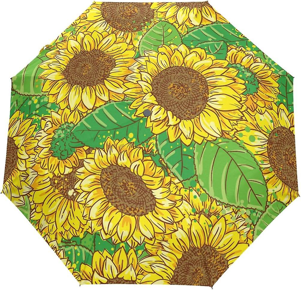 Rain Umbrella Automatic Windproof Foldable Umbrella Yellow Sunflowers Paint