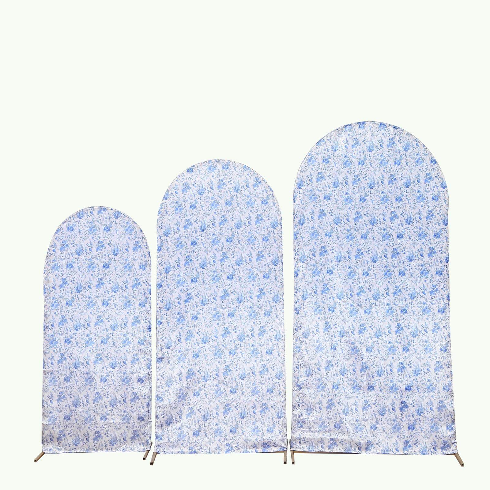 Set of 3 White Blue Satin Chiara Backdrop Stand Covers in French Toile Floral Pattern, Fitted Covers For Round Top Wedding Arches - 5ft,6ft,7ft