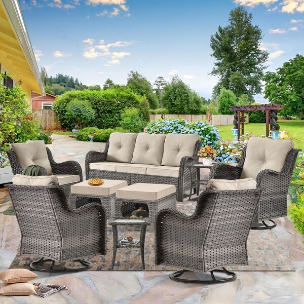 Wicker Patio Furniture Conversation Set with High Back Swivel Chairs and Storage Ottomans，Cushions Included🎃