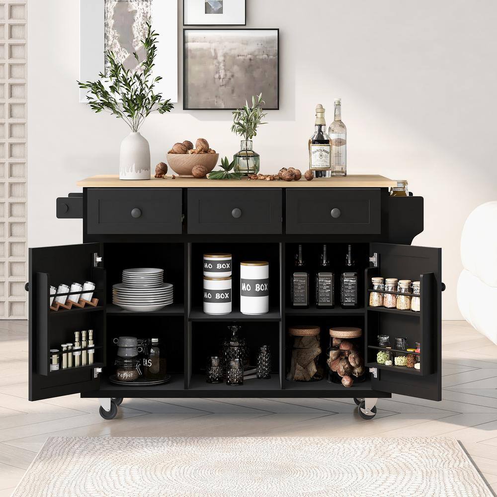 Zeus  Ruta Black Rubber wood 53.1 in. Kitchen Island Drop-Leaf Countertop Cabinet Internal Storage Racks Kitchen Island on 5 Wheels K-16HEGHVDGS