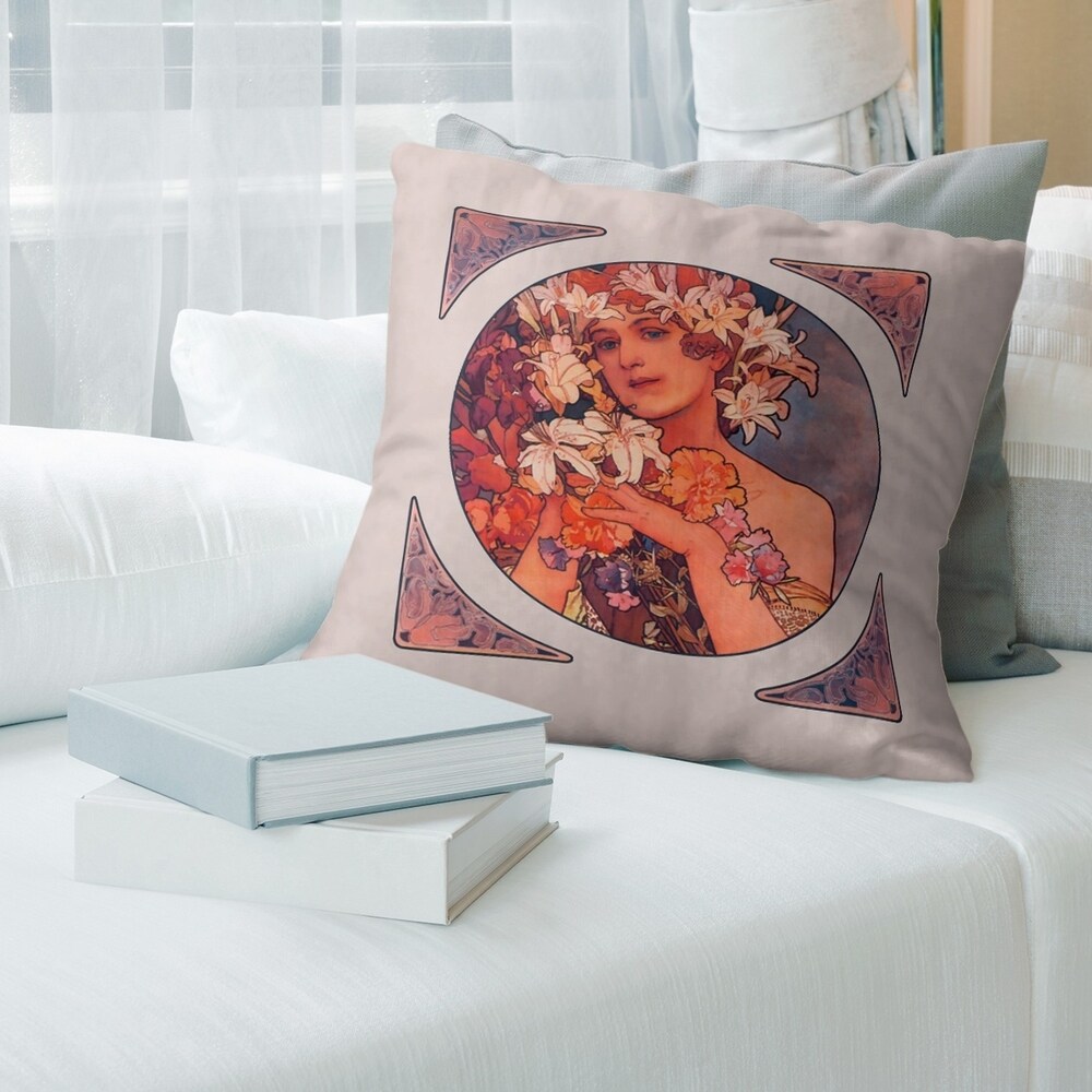 Porch   Den Alphonse Mucha 'Mucha Crown of Flowers' Throw Pillow