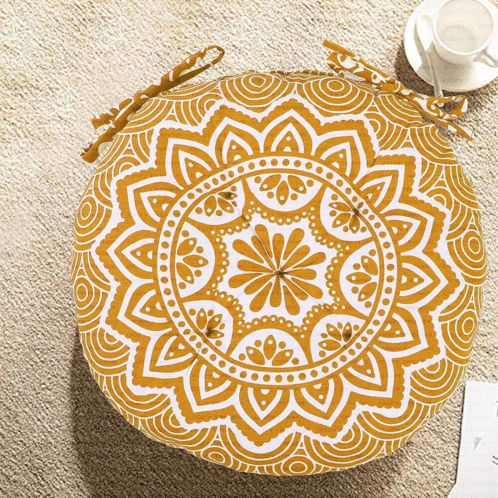 Handmade Cotton Mandala Tuffted Round Chair cushion pads 15''x15'' (Set of 2) with Ties for armchairs Dining Office chair