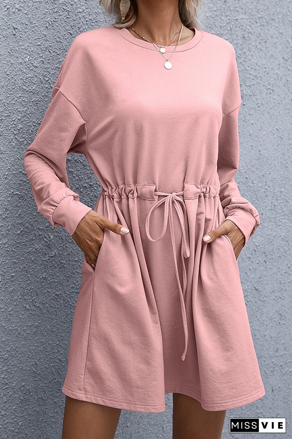 Solid Drawstring Long Sleeve Dress Women Wholesale