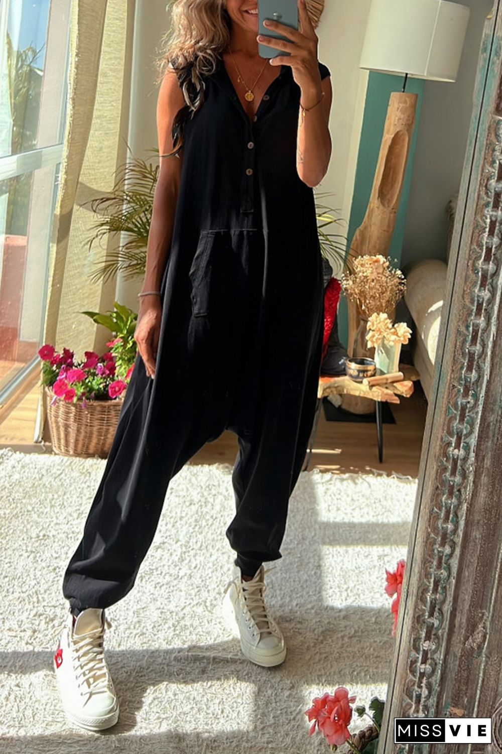 Loose Fit Sleeveless Hooded Plain Jumpsuit