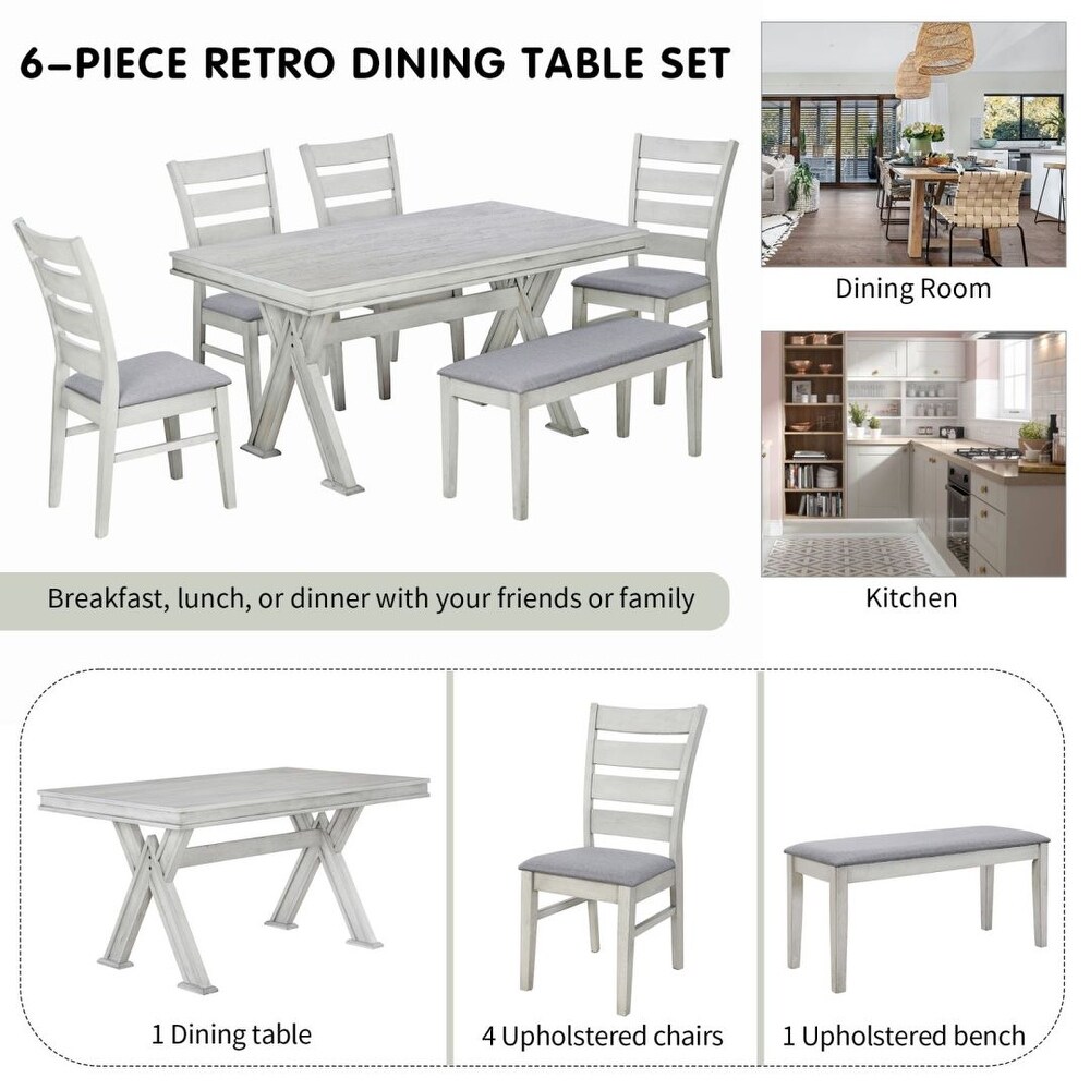 6 Piece Dining Table Set with Unique Legs and 4 Upholstered Chairs   1 Bench