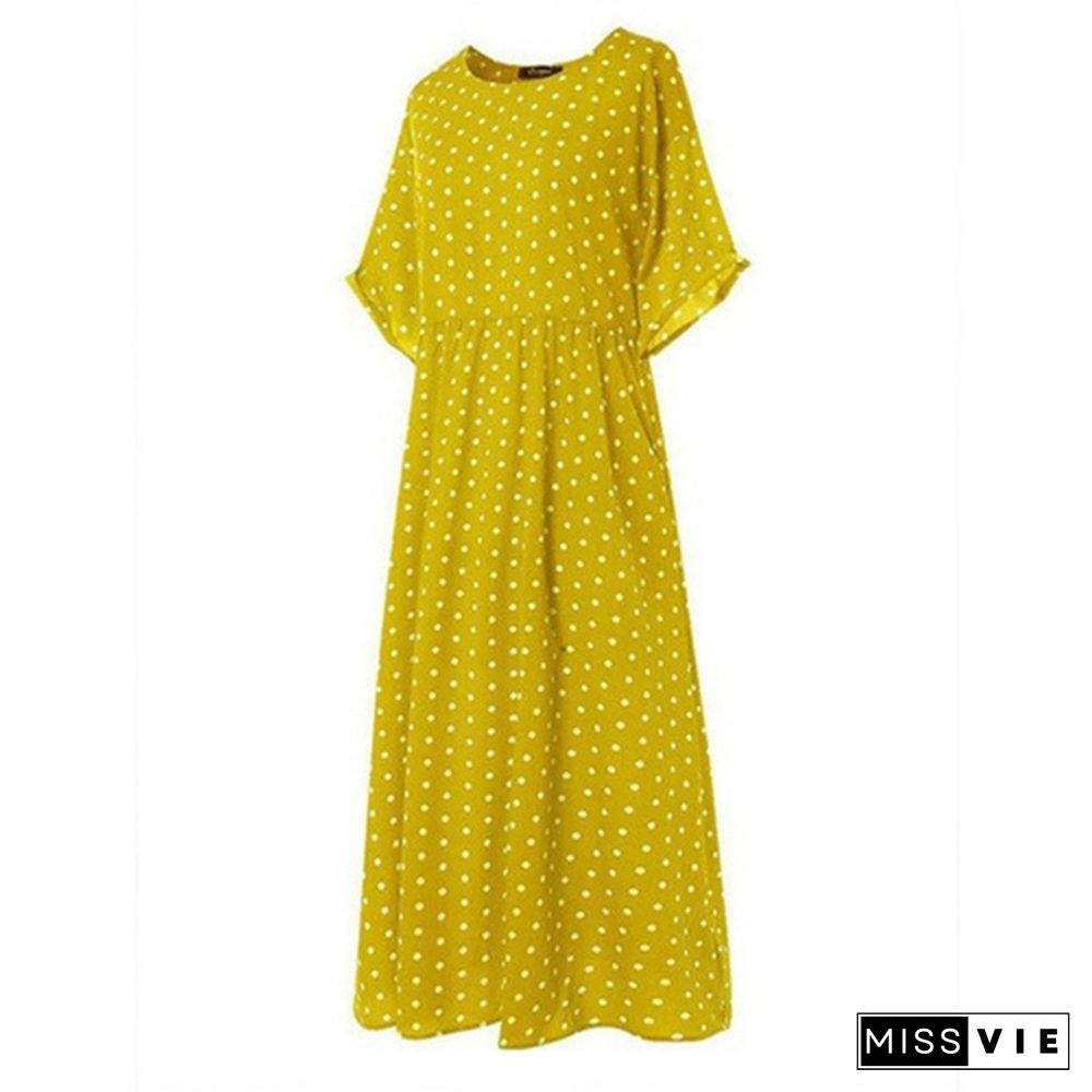 Women Summer Retro Polka Dot Printed Long Dress Casual Loose O-neck Short Sleeve Tunic Dress Maxi Dress Vestidos S-5XL